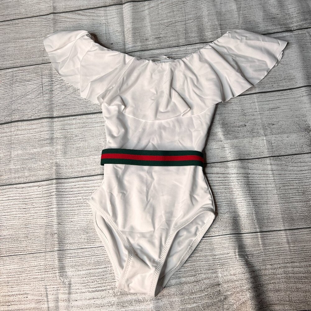 Stella Cove NWT Girls White Ruffle Red Green Fixed Belt One Piece Swimsuit Sz 2Y - Picture 2 of 3